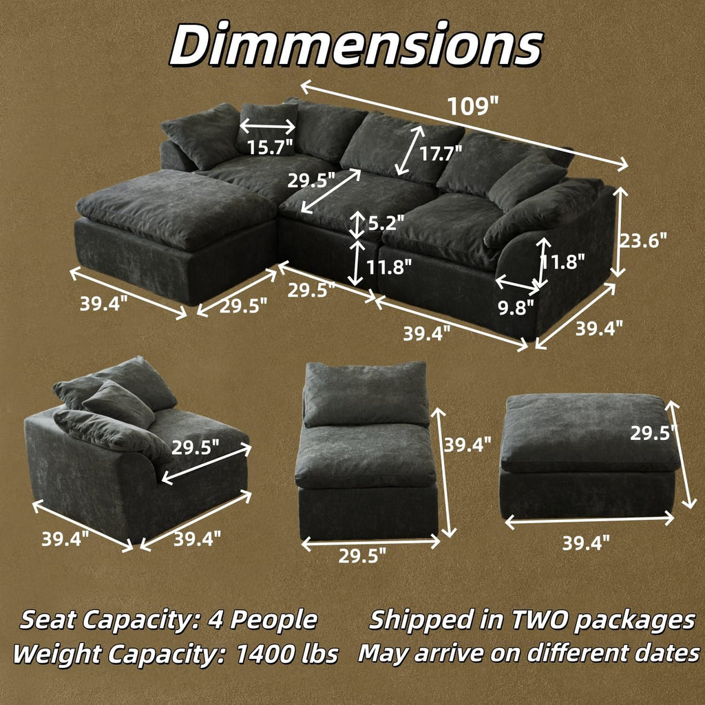 109' Cloud Sectional Couches for Living Room, Convertible L-Shape Boneless Couch with Ottoman, 3 Seater Compression Sofa Bed Modular Sectional Sofa (Black)