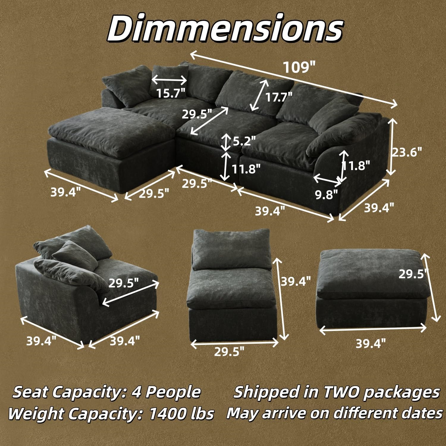 109' Cloud Sectional Couches for Living Room, Convertible L-Shape Boneless Couch with Ottoman, 3 Seater Compression Sofa Bed Modular Sectional Sofa (Black)