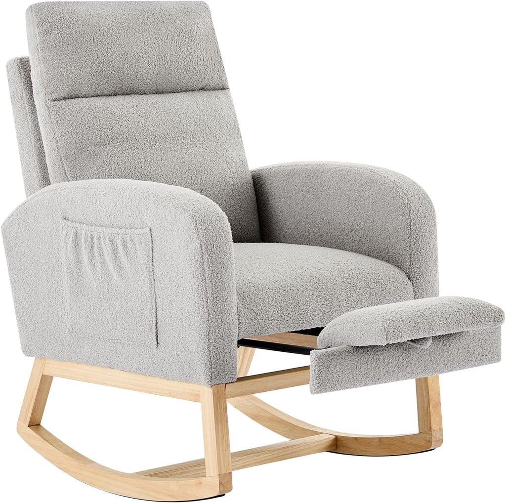 Nursery Rocking Chair with Foot Rest,Modern PU Upholstered Reading Glider Chair,High Backrest & Side Pocket for Living Room, Bedroom, Baby Room