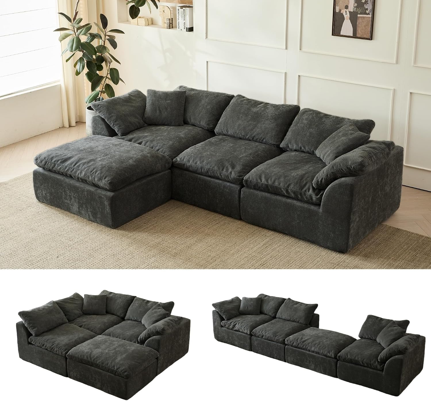 109' Cloud Sectional Couches for Living Room, Convertible L-Shape Boneless Couch with Ottoman, 3 Seater Compression Sofa Bed Modular Sectional Sofa (Black)