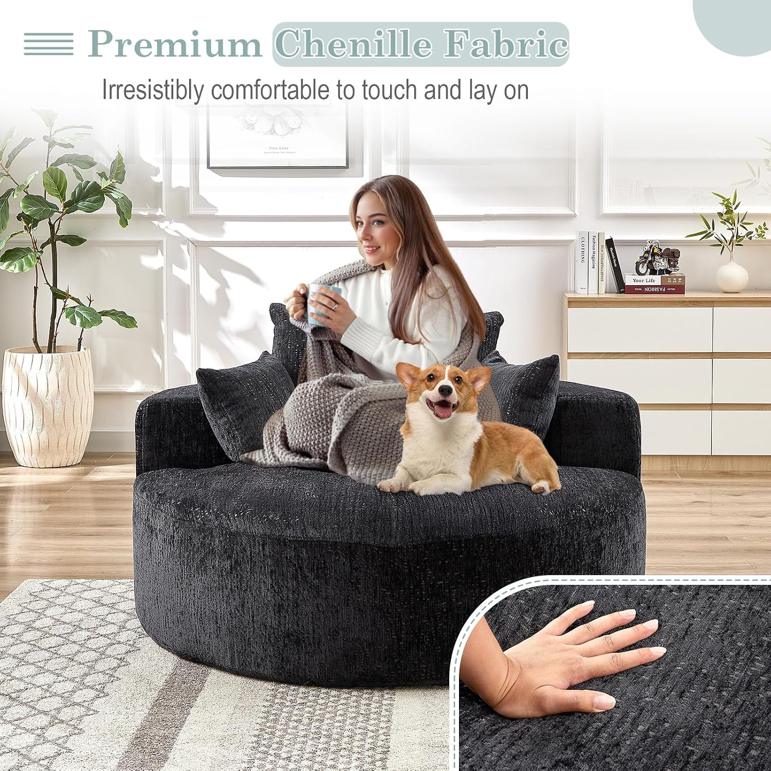 Oversized Round Chaise Longue Chair Indoor, Modern 55-inch Upholstered Chenille Deep Seat Circle Single Cloud Lounge Floor Sofa Chair for Living Room, Bedroom Apartment, Black