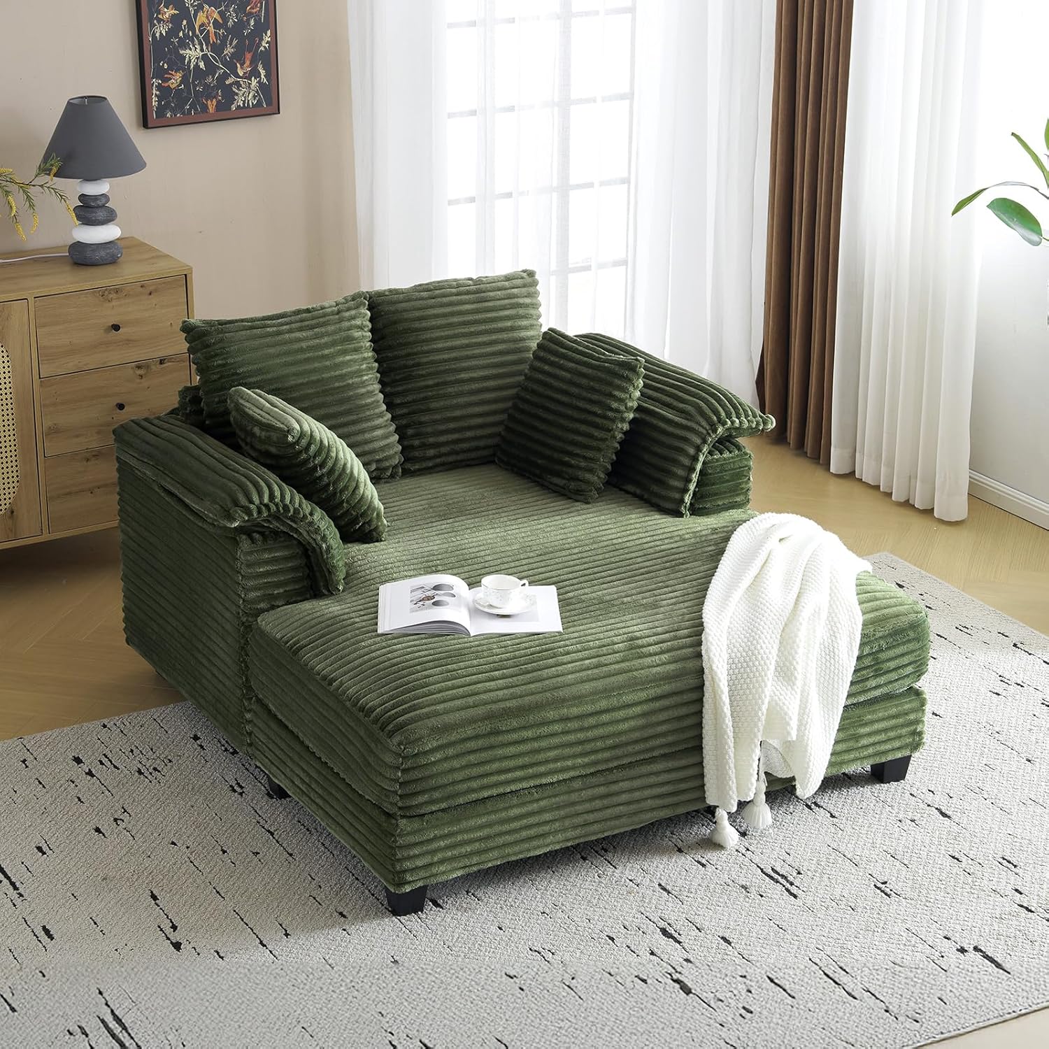 VINGLI Lounge Chair, 56' Oversized Reading Chair Corduroy Chaise Sofa Recliner Bed Upholstered Comfy Sleeper Couch with Throw Pillows and Armrests for Living Room, Movie Room, Bedroom