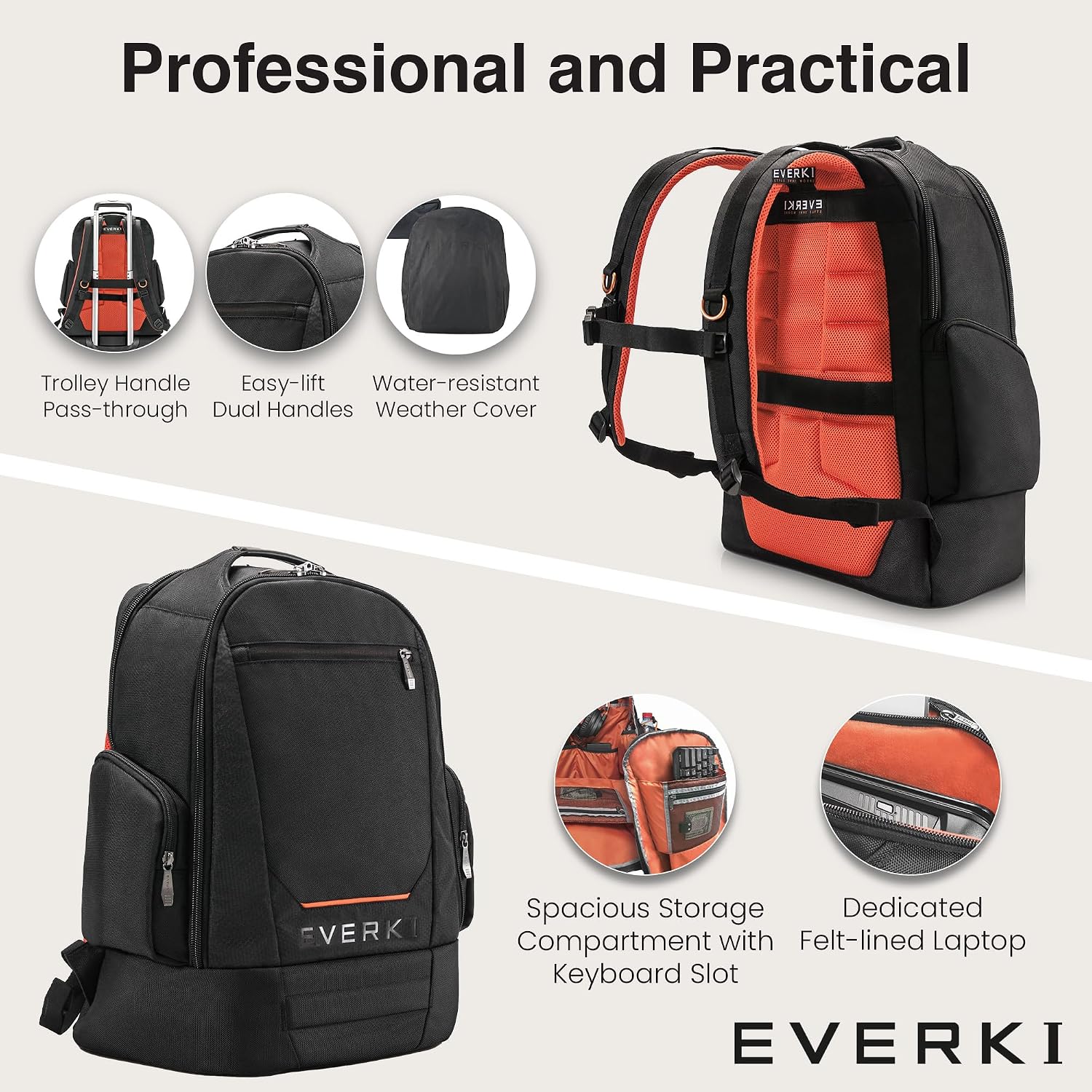 EVERKI ContemPRO 117 42L Laptop Backpack – Business Travel Backpack Carry On Flight Approved for Gaming Laptop & Travel Essentials with Water-Resistant Rain Cover, Fits Laptops up to 18.4' – Black