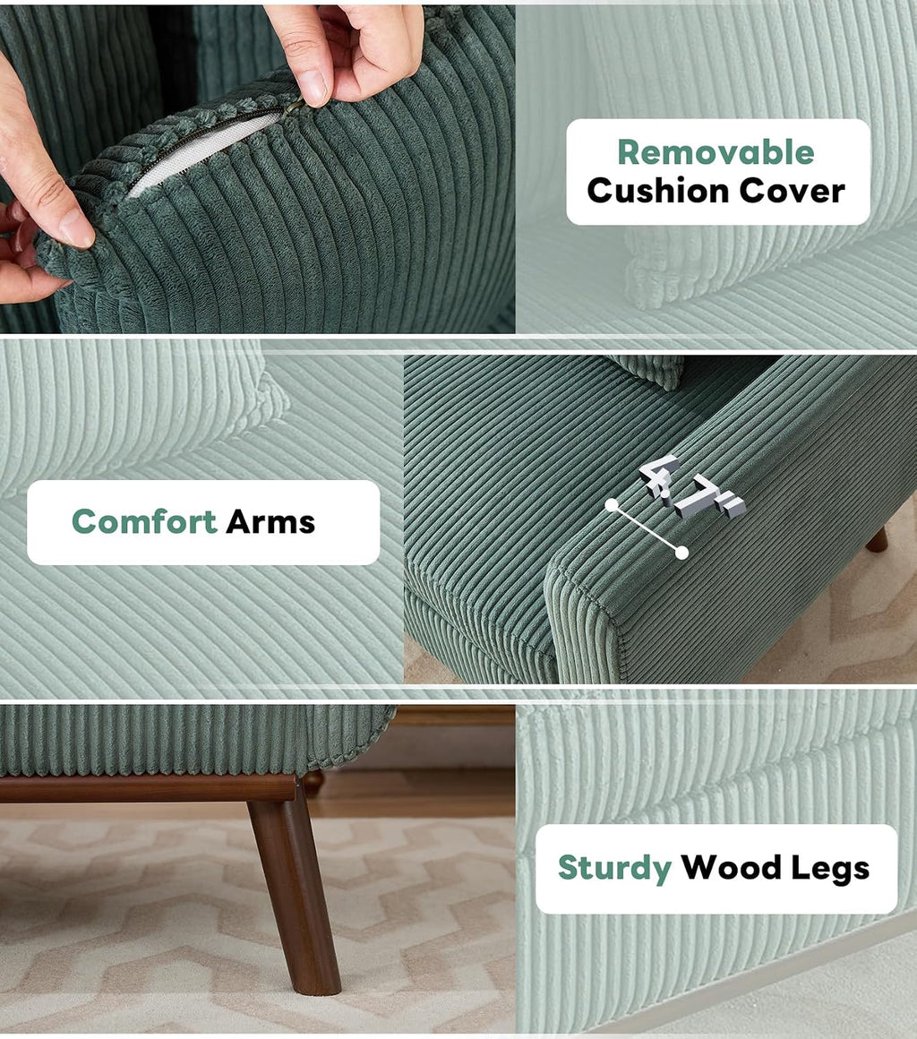 Kingfun 65' Corduroy Love Seat with Spring Cusions, Mid Century Modern Loveseat Sofa for Livingroom & Bedroom, Comfy Upholstered Small Couch, Green