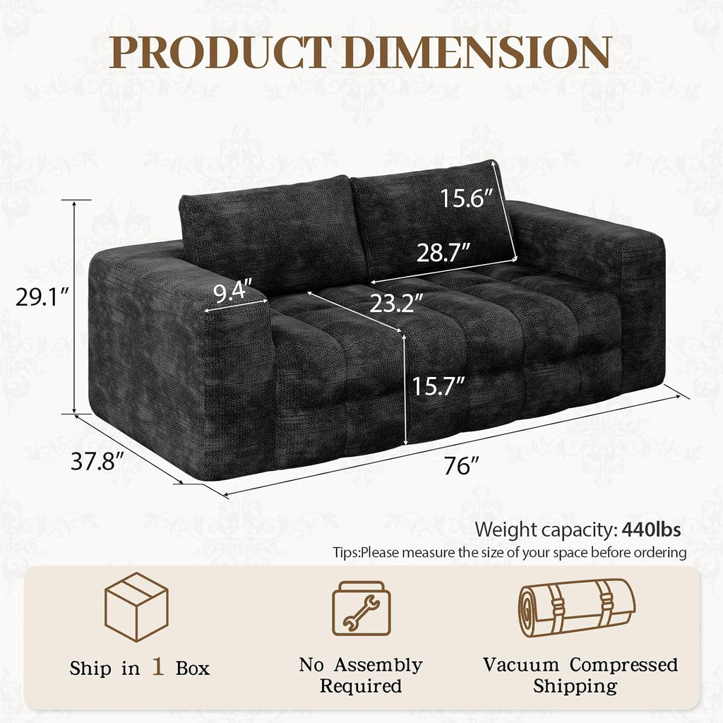 EROMMY 76'' Boneless Couch, 3 Seater Cloud for Living Room, Oversize Loveseat Sofa with Wide Armrest and 2 Back Support, No Assembly Required Chenille Soft Sofa, Black
