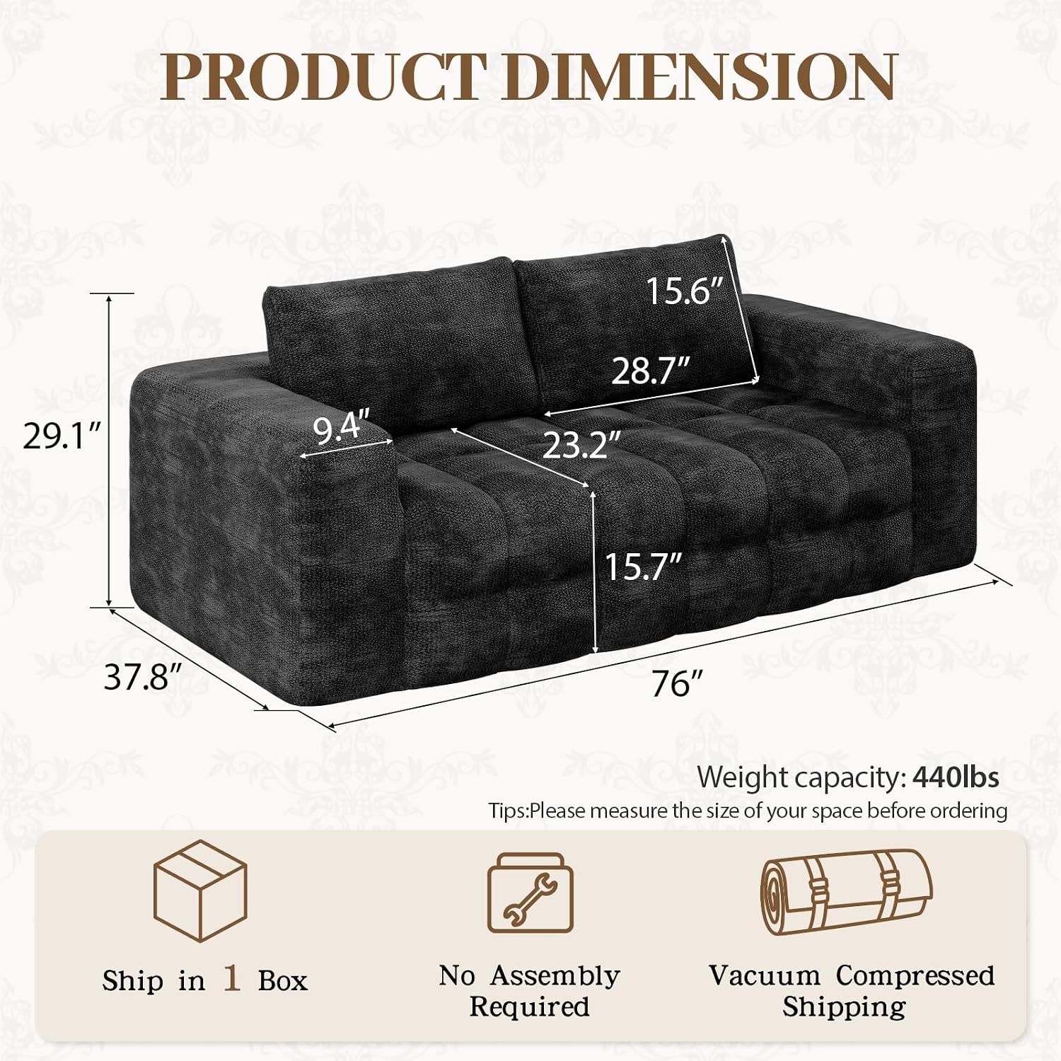 EROMMY 76'' Boneless Couch, 3 Seater Cloud for Living Room, Oversize Loveseat Sofa with Wide Armrest and 2 Back Support, No Assembly Required Chenille Soft Sofa, Black