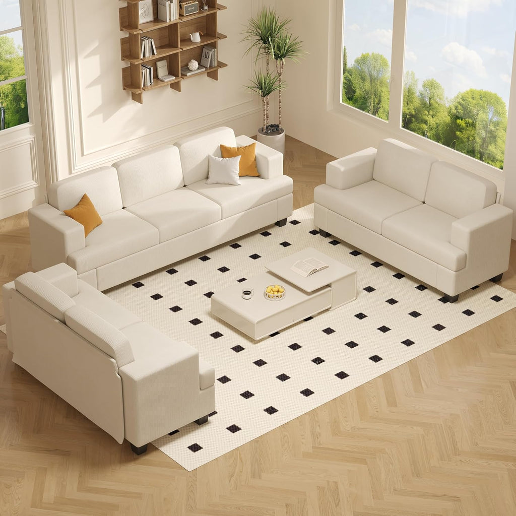 Apicizon 89'' 3-Seat Sofa Couch with 2 Loveseat, 3 Piece Corduroy Couches Sofa Set for Living Room, Modern Lounge Sofa Couches for Apartment Lounge, White