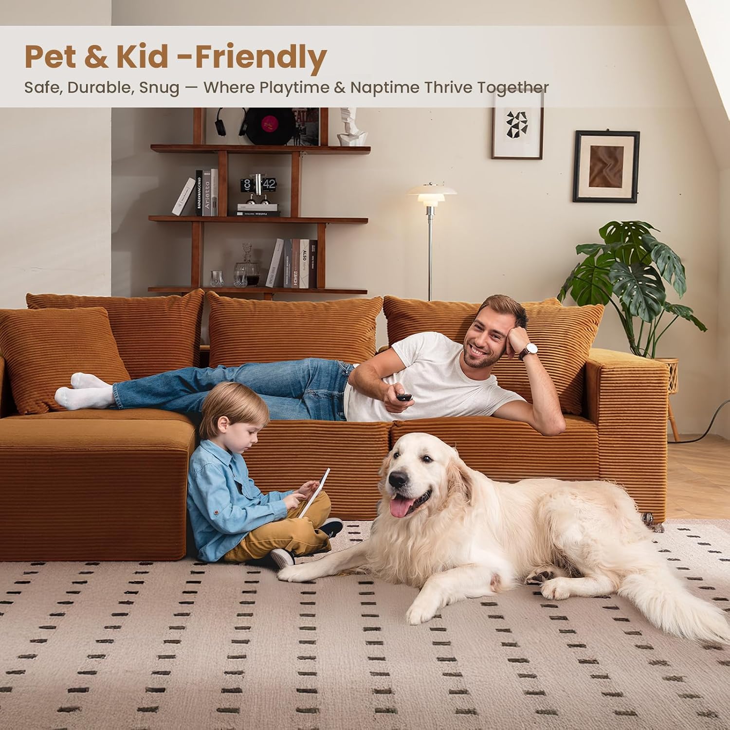 108' L-Shaped Boneless Couch, Modular Sectional Sofa with Moveable Ottoman, Corduroy Cloud Couches for Living Room, No Assembly, Ship in a Box, Burnt Orange