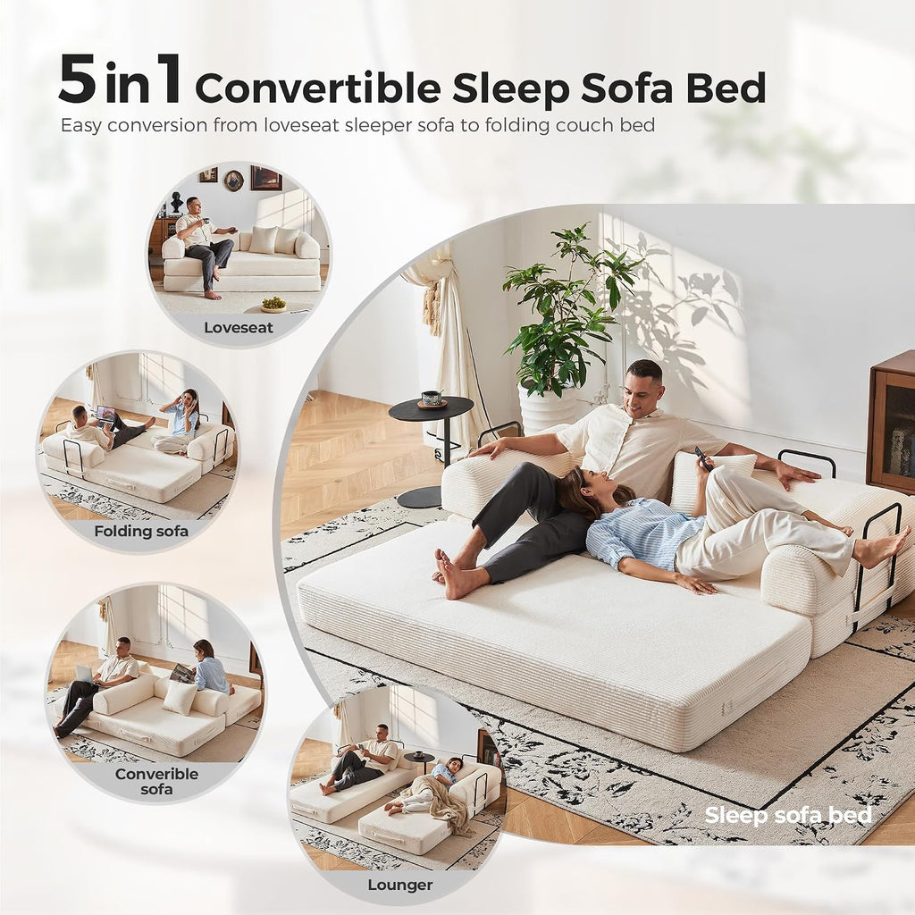79' Convertible Sofa Bed No Assembly, 5-in-1 Sleeper with Fixed Frame & Corduroy Cloud Cushion, Foldable Futon Couch for Small Apartment, Guest Room, Office (Beige White)
