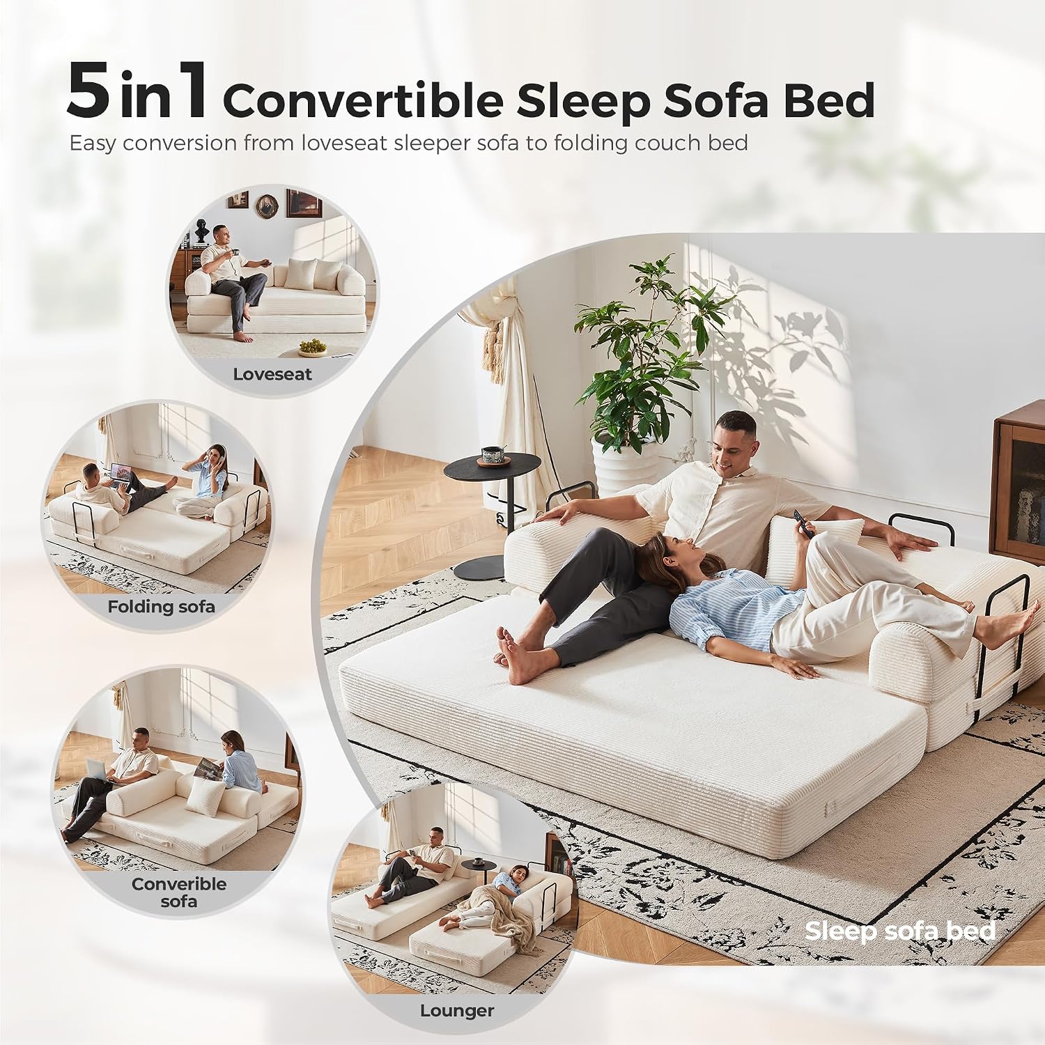 79' Convertible Sofa Bed No Assembly, 5-in-1 Sleeper with Fixed Frame & Corduroy Cloud Cushion, Foldable Futon Couch for Small Apartment, Guest Room, Office (Beige White)