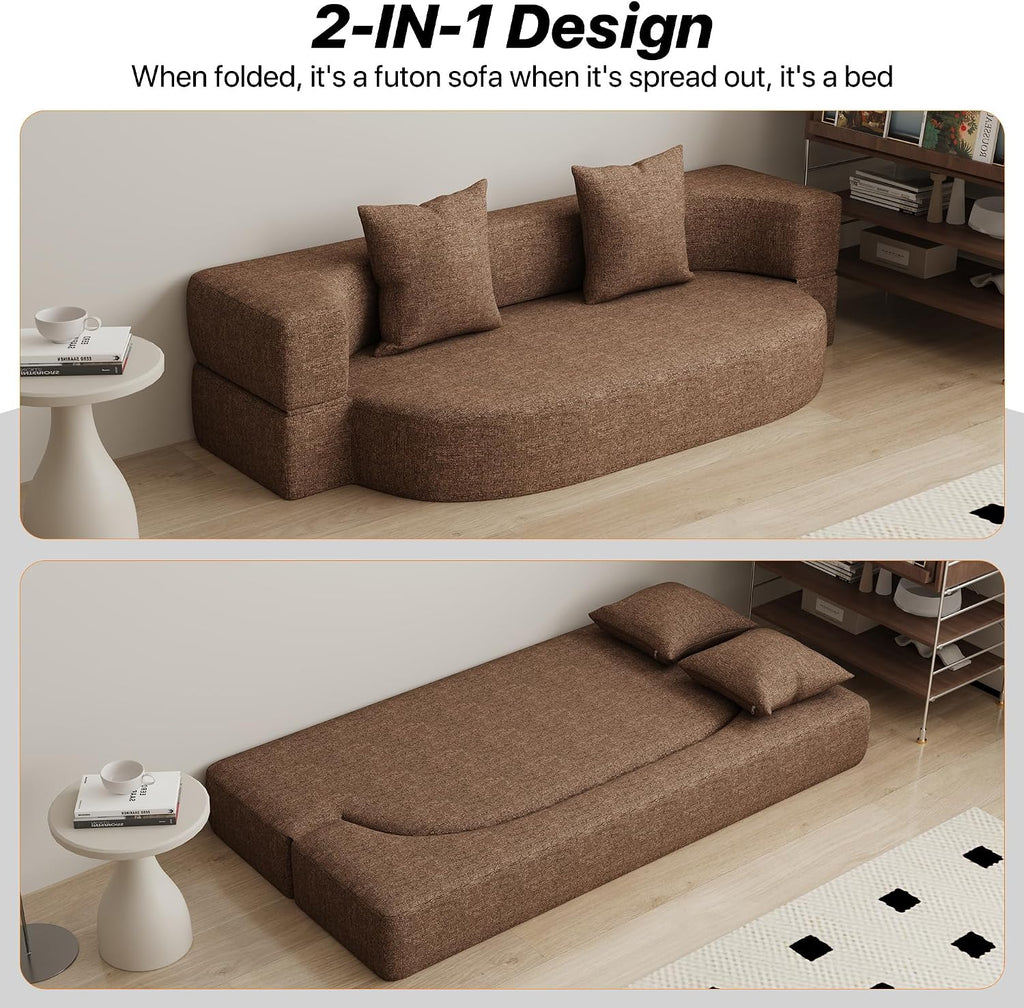HENGJIANYI Folding Sofa Bed, Convertible Futon Sleeper Bed, 2-in-1 Foldable Floor Mattress with 2 Pillows, Breathable High-Density Foam Lazy Couch, Twin Size Comfy Lounge Chair, Brown