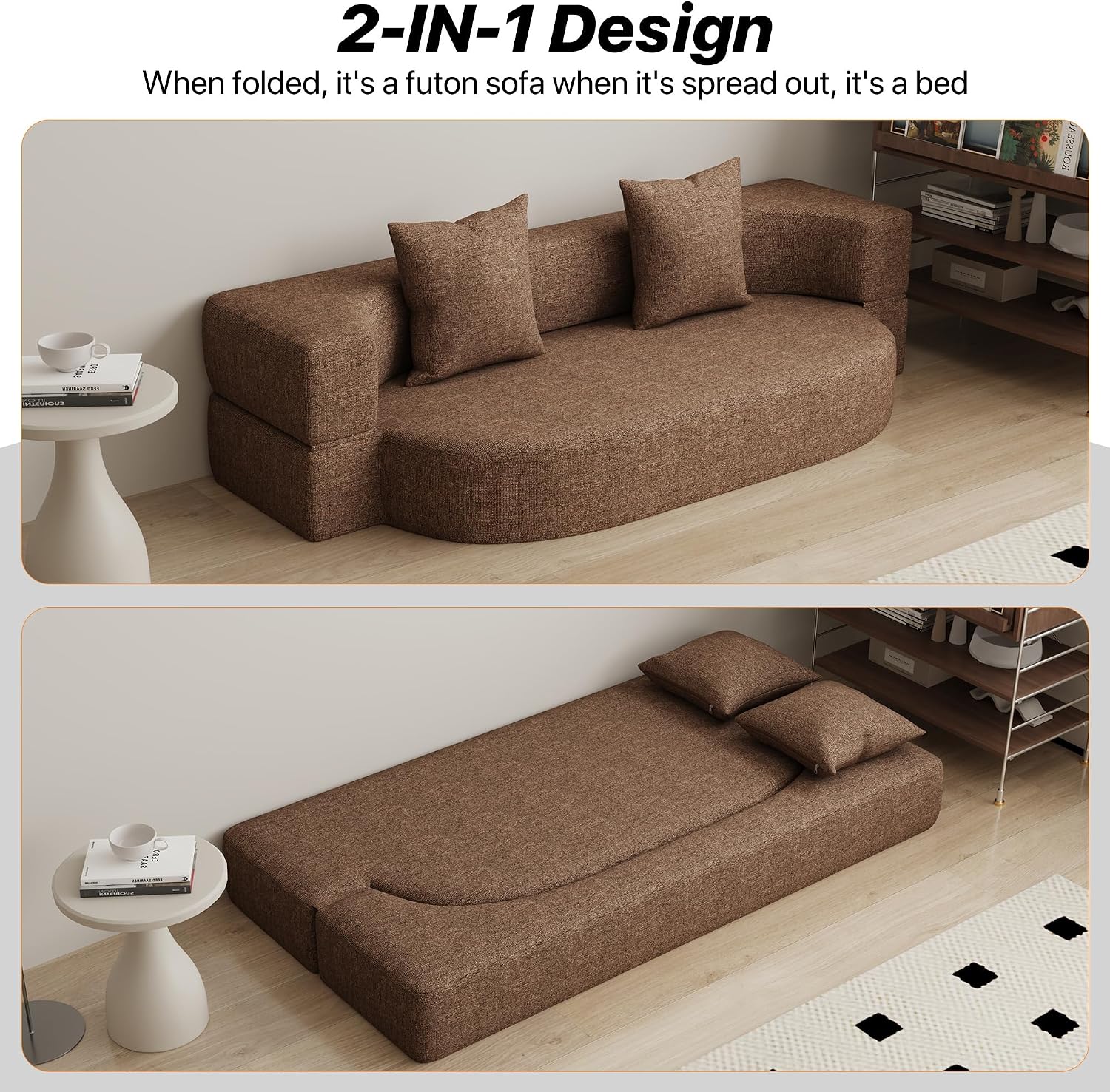 HENGJIANYI Folding Sofa Bed, Convertible Futon Sleeper Bed, 2-in-1 Foldable Floor Mattress with 2 Pillows, Breathable High-Density Foam Lazy Couch, Twin Size Comfy Lounge Chair, Brown