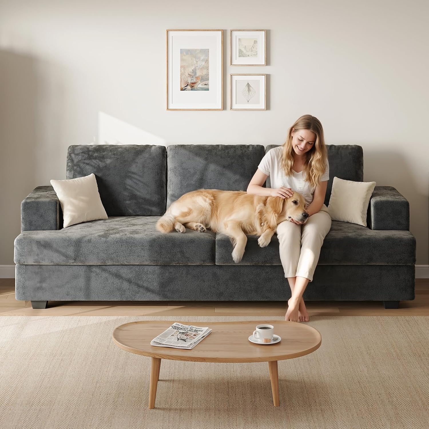 89' Grey Couches for Living Room, 3 Seater Couch with Deep Seat, Oversized Loveseat Sofa for Apartment and Small Spaces