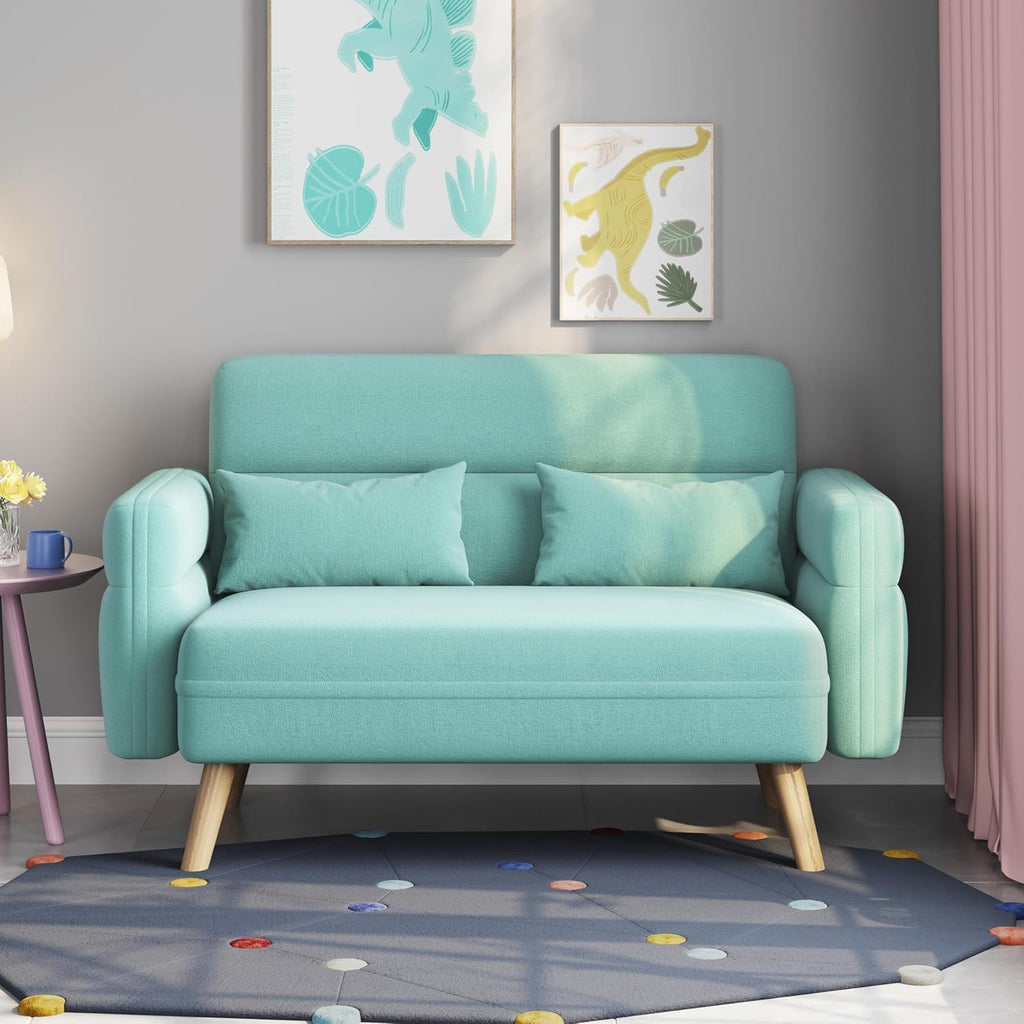 Yaheetech 46' Small Modern Fabric Sofa Loveseat Mid Century 2 Seater Sofa Couch with Lumbar Pillows, Solid Wood Legs for Living Room, Small Space, Dorm, Office, Bedroom, Aquamarine