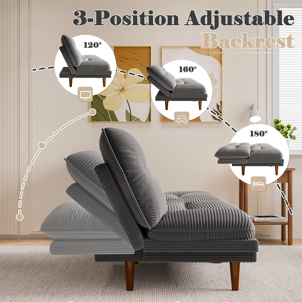 Homall Futon Sofa Bed, Modern Loveseat Futon Couch with Adjustable Backrest and Armrests, Sleeper Sofa Bed with Wood Frame for Living Room, Office, Apartment (Corduroy, Dove Gray)
