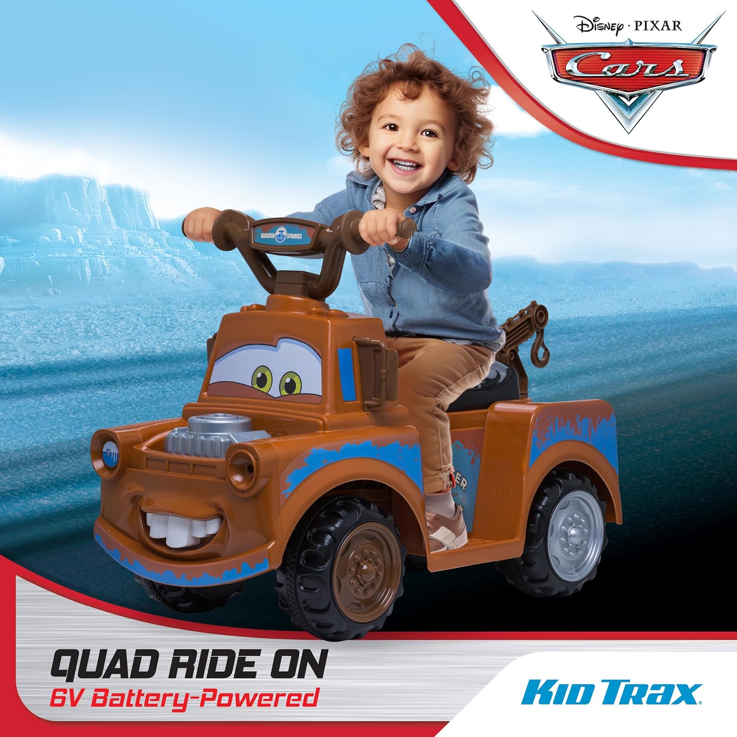Kid Trax Toddler Disney Cars 3 Tow-Mater Electric Quad Ride-On, Kids 1.5-3 Years Old, 6 Volt Battery and Charger Included, Max Weight 45 lbs, Tow-Mater brown