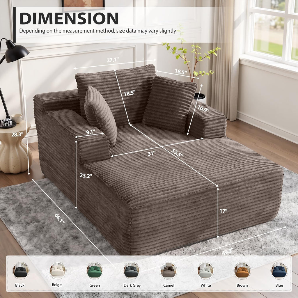 ivoros 50 Inch Chaise Lounge Chair Indoor, Oversized Corduroy Upholstered Boneless Sofa Bed, Deep Seat Sleeper Couch Reading Chairs, Cloud Sofas Couches for Living Room, No Assembly Required (Camel)