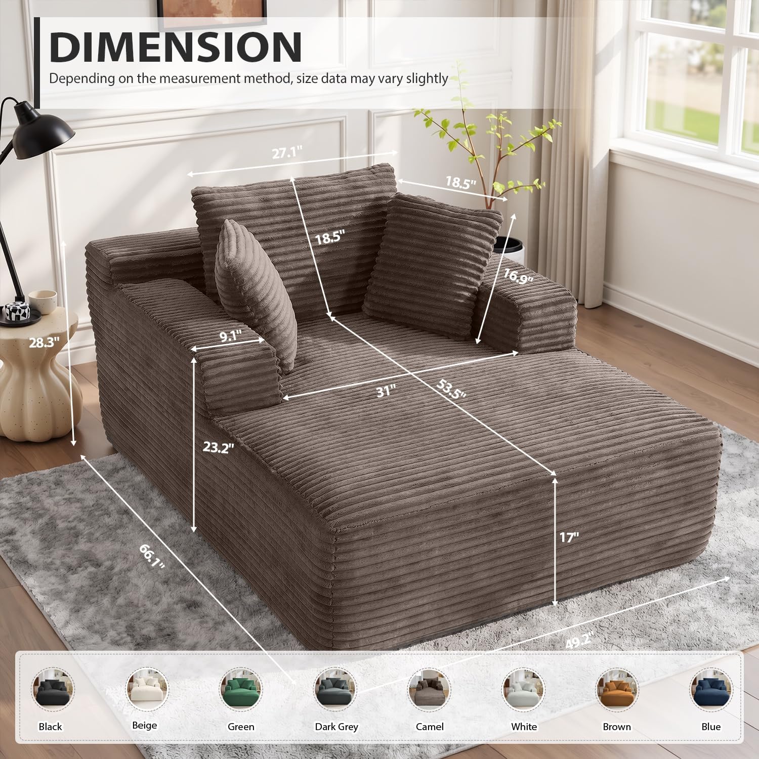 ivoros 50 Inch Chaise Lounge Chair Indoor, Oversized Corduroy Upholstered Boneless Sofa Bed, Deep Seat Sleeper Couch Reading Chairs, Cloud Sofas Couches for Living Room, No Assembly Required (Camel)
