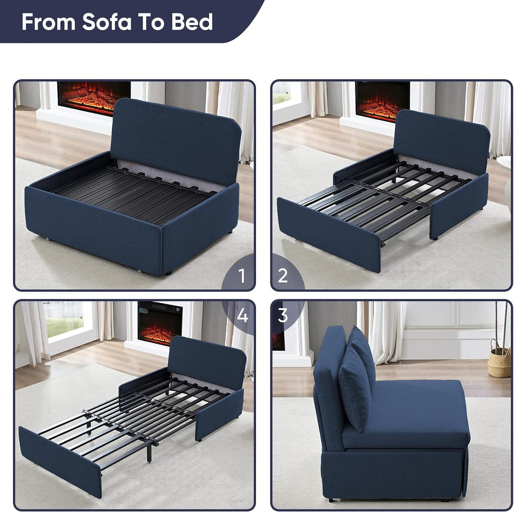 CECER 43.3' Convertible Sofa Bed，Twin Size Pull Out Sofa Bed with 2 Pillows，3 in 1 Linen Sleeper Sofa with Mattress for Small Space-Dark Blue