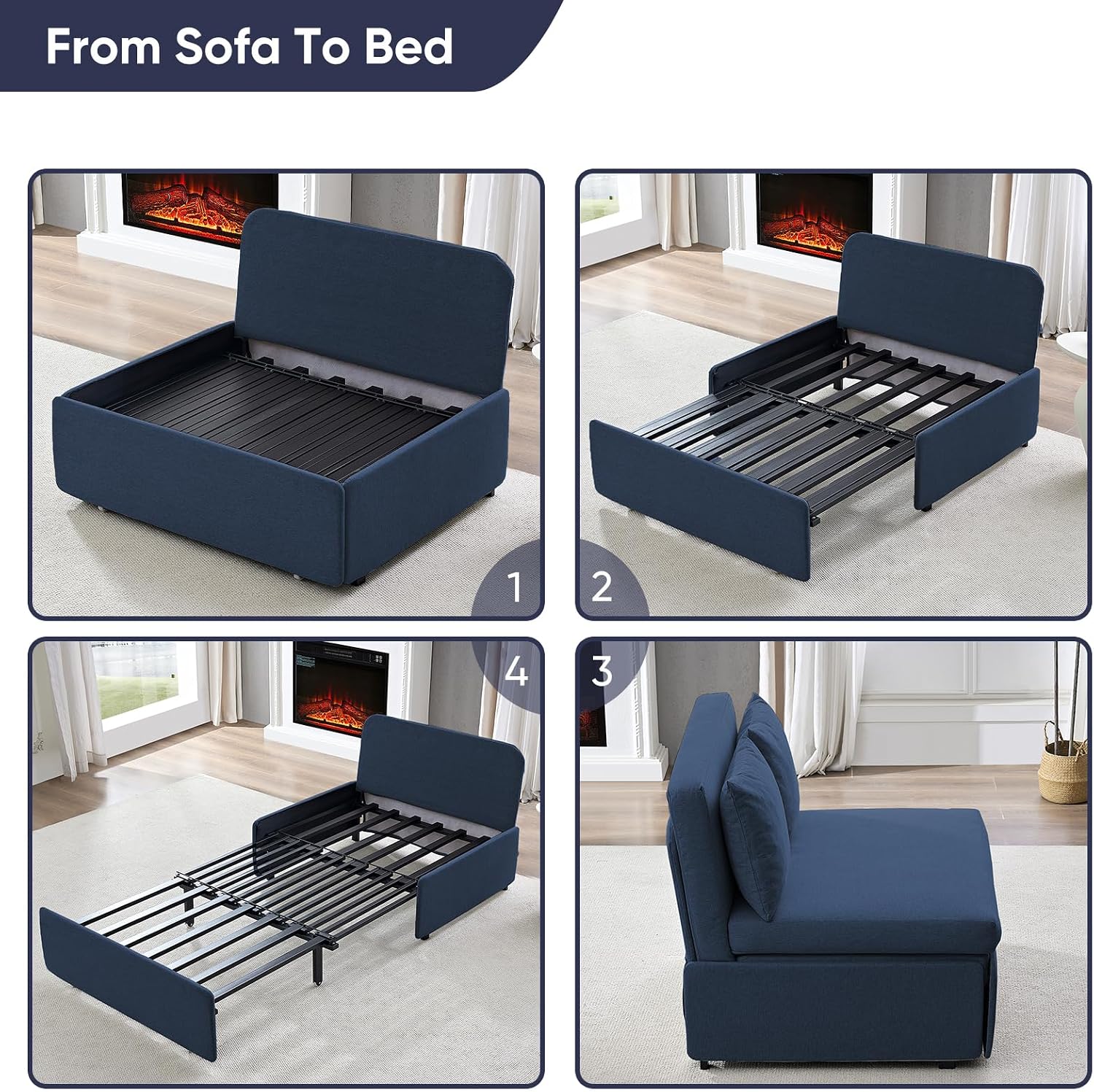 CECER 43.3' Convertible Sofa Bed，Twin Size Pull Out Sofa Bed with 2 Pillows，3 in 1 Linen Sleeper Sofa with Mattress for Small Space-Dark Blue