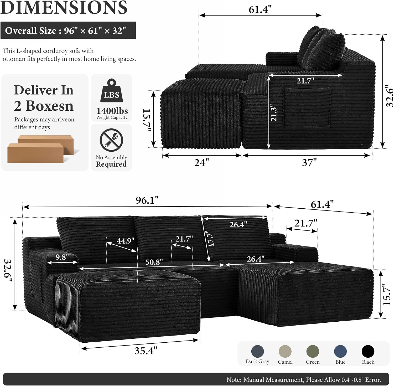96''Sectional Couches for Living Room,Modern Modular Sectional Sofa,Upholstered Boneless Couch Comfy Cloud Couch with L Shaped Chaise (Black, 96''W Right Facing Chaise+Ottoman)