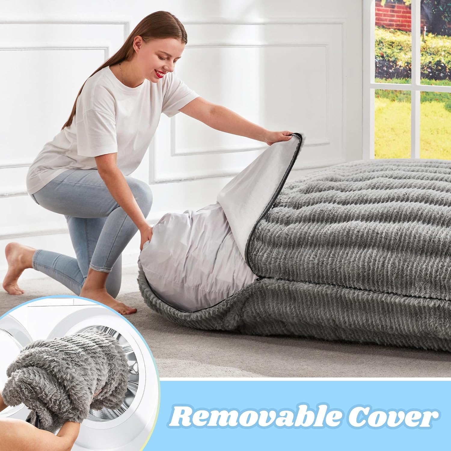 Hobestluk 3 in 1 Bean Bag Chair Giant Bean Bag Chairs for Adults with Ripple Cover Convertible Bean Bag Floor Cushion with Machine Washable Cover for Living Room (Ripple Grey)