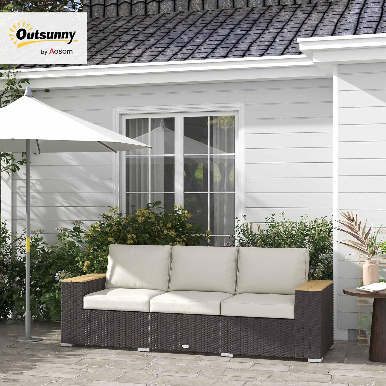 Outsunny 3-Seat Outdoor Patio Sofa with 24.5' Extra Wide Deep Seats, PE Wicker Sofa with Wide Wood Effect Armrests and 4' Cushions, Rattan Outdoor Couch for Porch, Garden, Poolside, Beige
