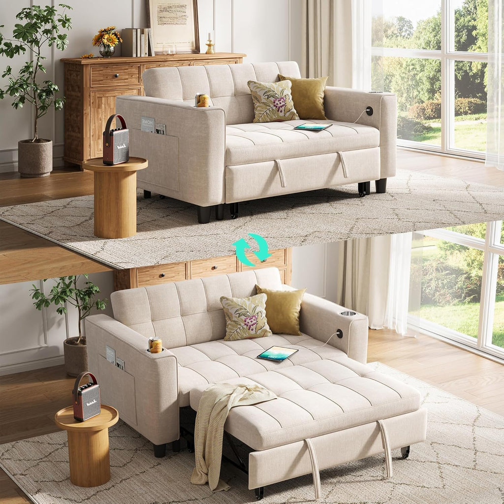 LINSY Sleeper Sofa Bed, 54' Pull Out Couch with Charging Station & Cup Holder, Small 3 in 1 Convertible Loveseat Sleeper Couch for Apartment, Dorm Room, Bedroom and Small Space(Chenille Beige)