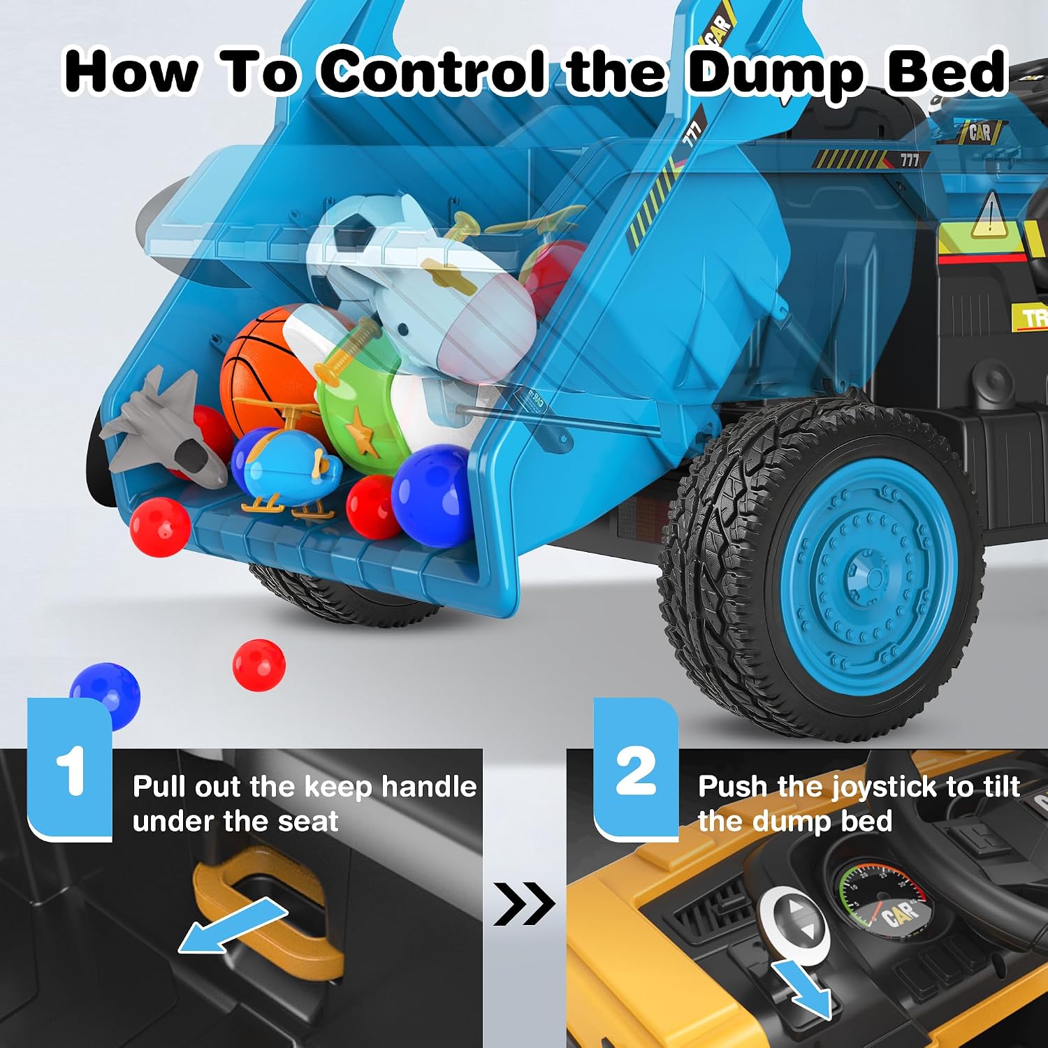 ANPABO 24V Ride On Dump Truck, 2X75W Powerful Motors, Up to 4.4Mph, EVA Tires, Construction Vehicle w/Electric Dump Bed and Extra Shovel, 19' Spacious 2 Seater, Kids Car w/Parent Remote -Blue
