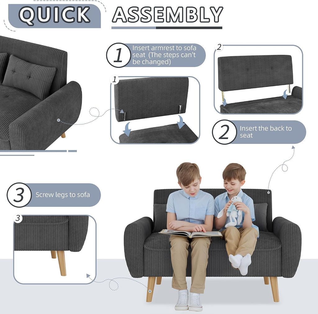 Shintenchi 48'' Loveseat Sofa, Mid-Century Modern Upholstered Couch Deep Seat with 2 Pillows, 10' Thick Cushion with Spring, Solid Wood Frame Small Couch for Living Room, Dorms & Office, Dark Grey
