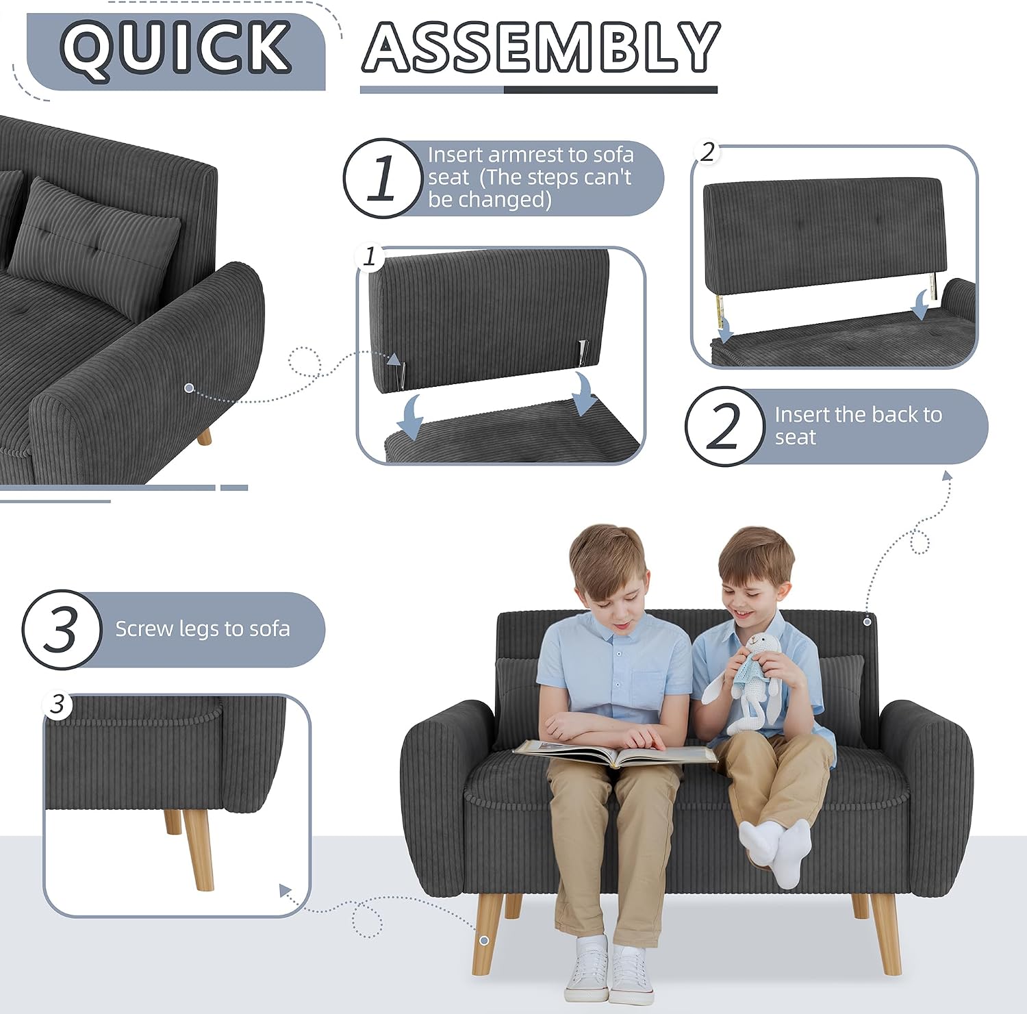 Shintenchi 48'' Loveseat Sofa, Mid-Century Modern Upholstered Couch Deep Seat with 2 Pillows, 10' Thick Cushion with Spring, Solid Wood Frame Small Couch for Living Room, Dorms & Office, Dark Grey