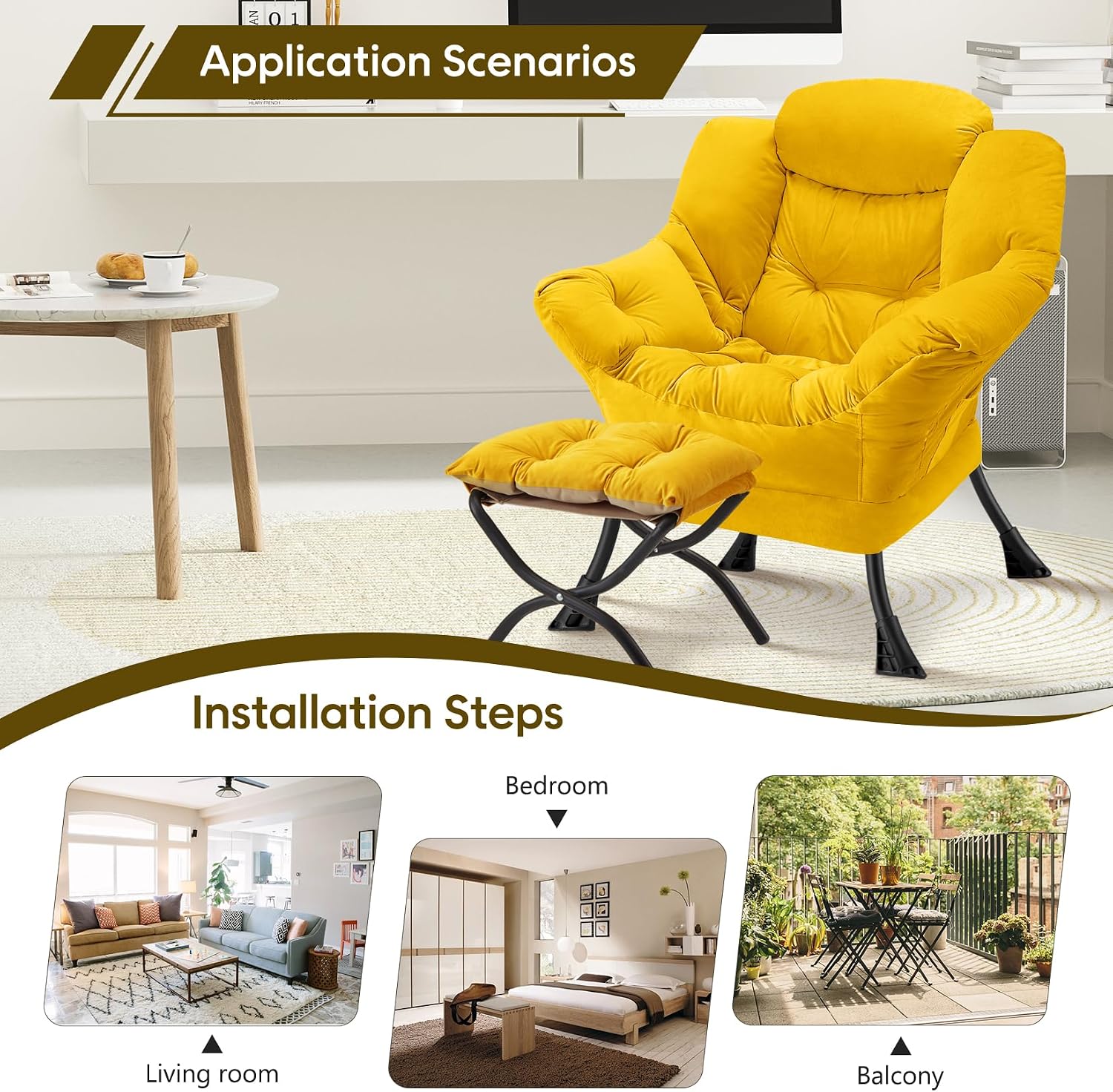 Lazy Chair with Folding Ottoman Modern Large Accent Chair,Contemporary Lounge Leisure Sofa Chair with Armrests Upholstered Sofa Armchair Reading Chair for Bedroom,Dorm & Office (Yellow-f)