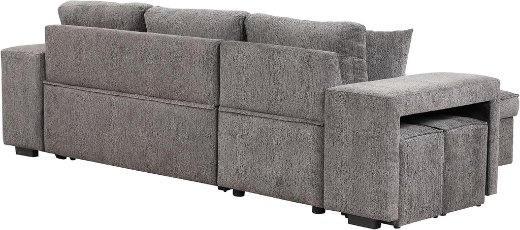 104.5 inch Reversible Sleeper Sectional Sofa with Pull Out Bed , Convertible L Shaped Sectional Couch with Storage Chaise and 2 Stools , Tufted Upholstered Pullout Sofa Bed for Living Room Apartment