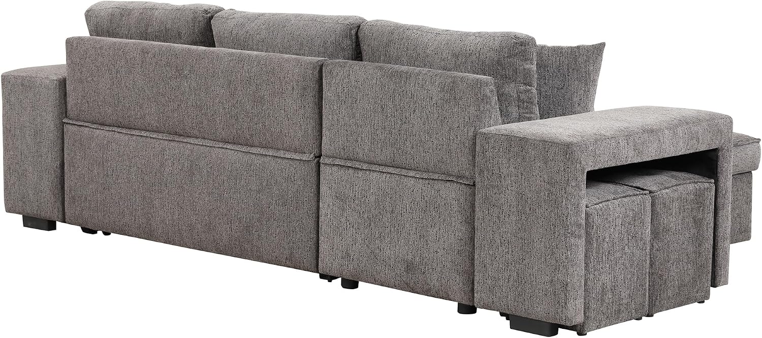 104.5 inch Reversible Sleeper Sectional Sofa with Pull Out Bed , Convertible L Shaped Sectional Couch with Storage Chaise and 2 Stools , Tufted Upholstered Pullout Sofa Bed for Living Room Apartment