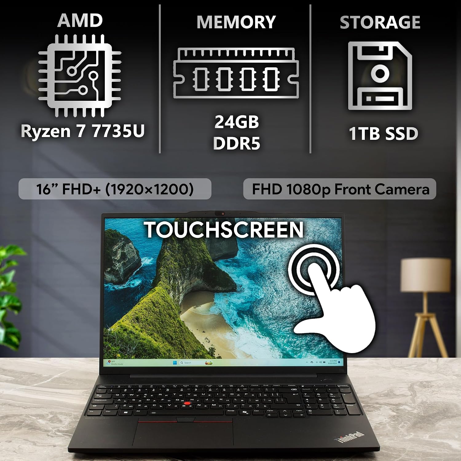 Lenovo ThinkPad E16 Gen 2, FHD+ 16' Touchscreen, AMD Ryzen 7 7735U, 24GB RAM, 1TB SSD, Fingerprint, Backlit Keyboard, WiFi 6E + BT, RJ-45, FHD Webcam, Win 11 Pro, AI Business Laptop