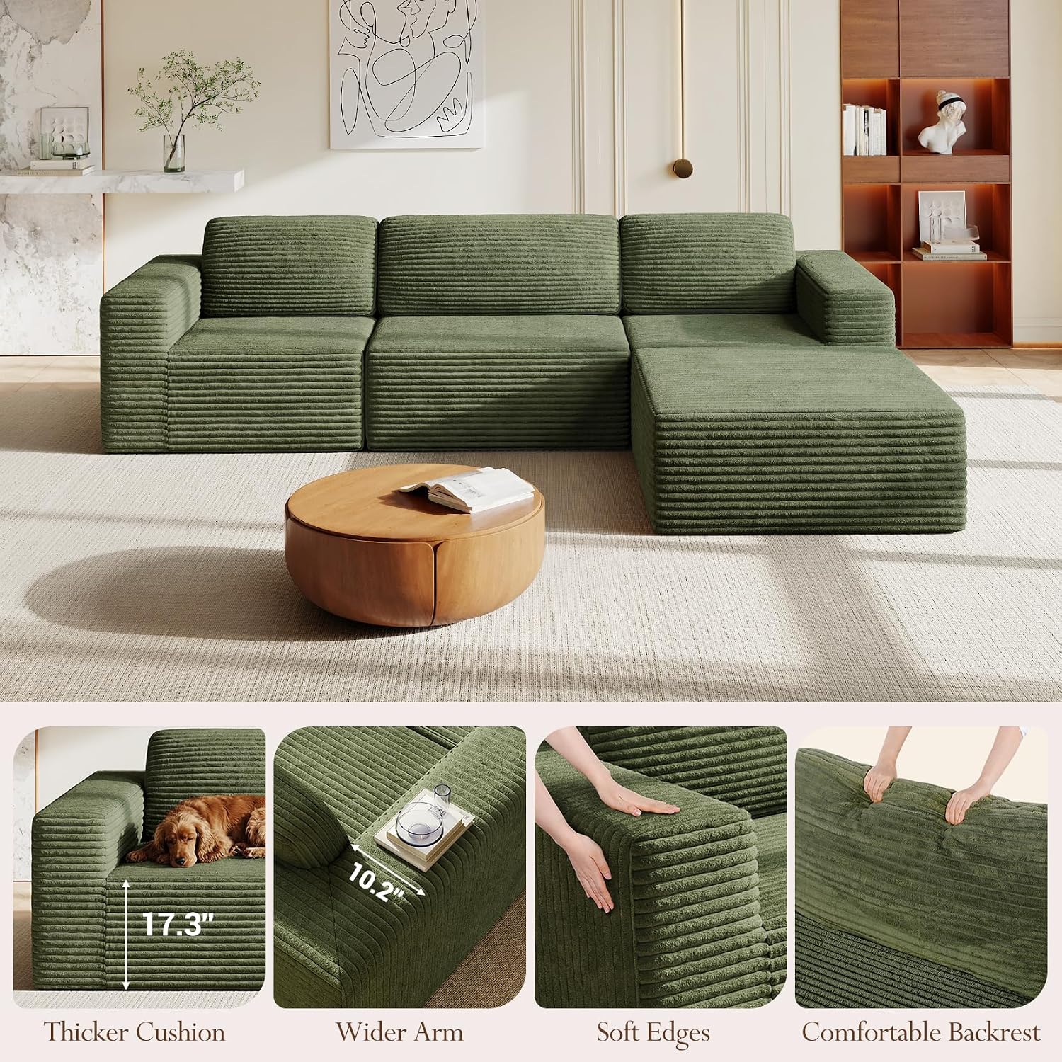 Vesgantti 119' L-Shaped Modular Sectional Sofa, Corduroy Cloud Couch with Deep Seating & Spring Support, Flexible Layout Sofa with Ottoman, Boneless Style, No Assembly Required, Green