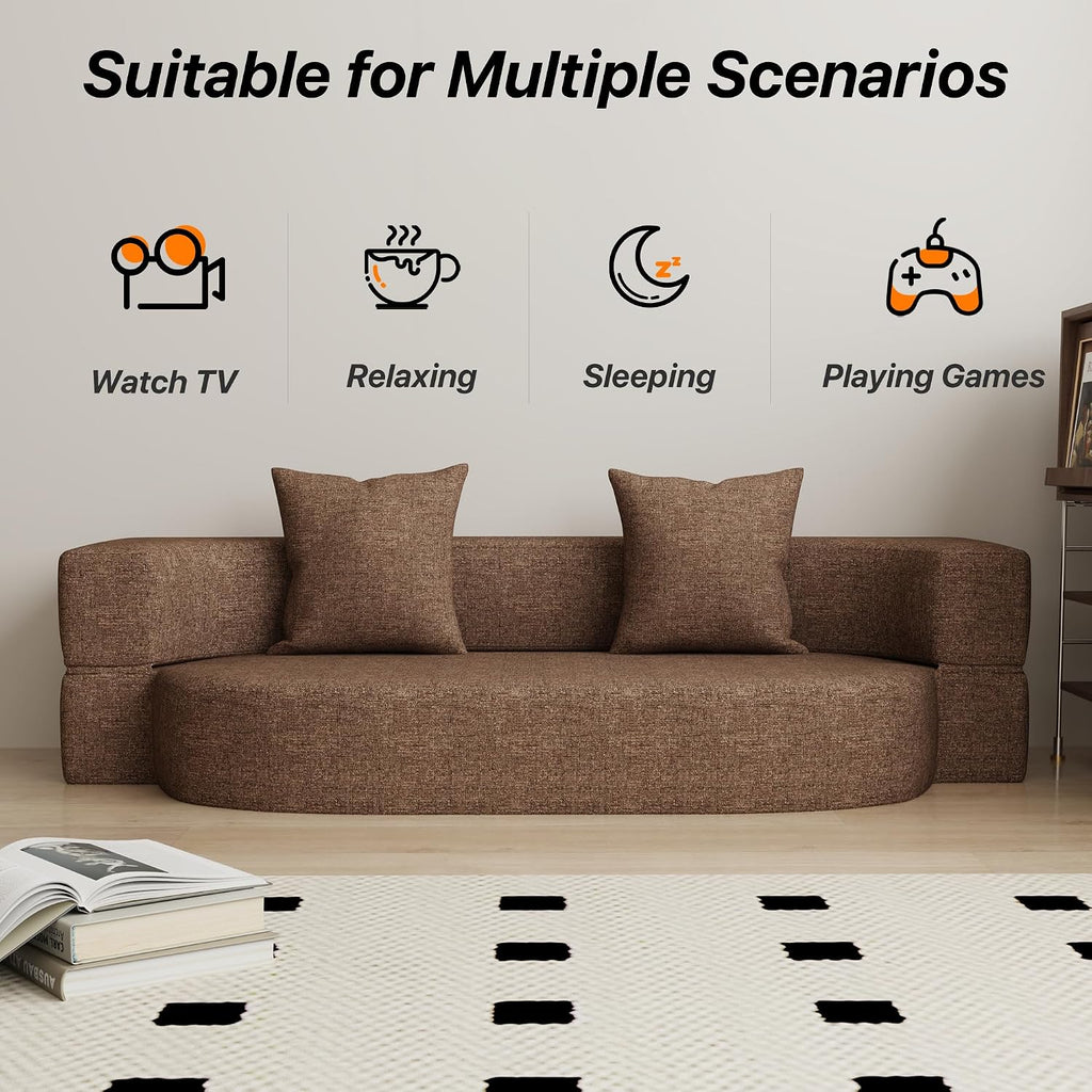 HENGJIANYI Folding Sofa Bed, Convertible Futon Sleeper Bed, 2-in-1 Foldable Floor Mattress with 2 Pillows, Breathable High-Density Foam Lazy Couch, Twin Size Comfy Lounge Chair, Brown