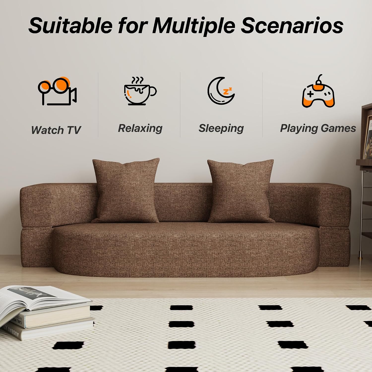 HENGJIANYI Folding Sofa Bed, Convertible Futon Sleeper Bed, 2-in-1 Foldable Floor Mattress with 2 Pillows, Breathable High-Density Foam Lazy Couch, Twin Size Comfy Lounge Chair, Brown
