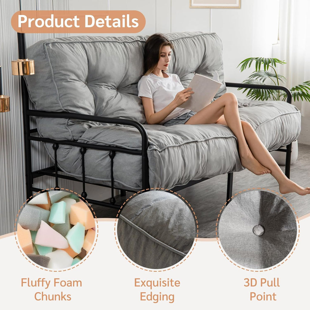 YOSHOOT 8 Inches Futon Mattress Full Size, Thick Futons Sofa Couch Bed, Floor Mattress for Adults, Shredded Foam Filling, Medium Firm(Frame Not Included), Grey, 54'x75'