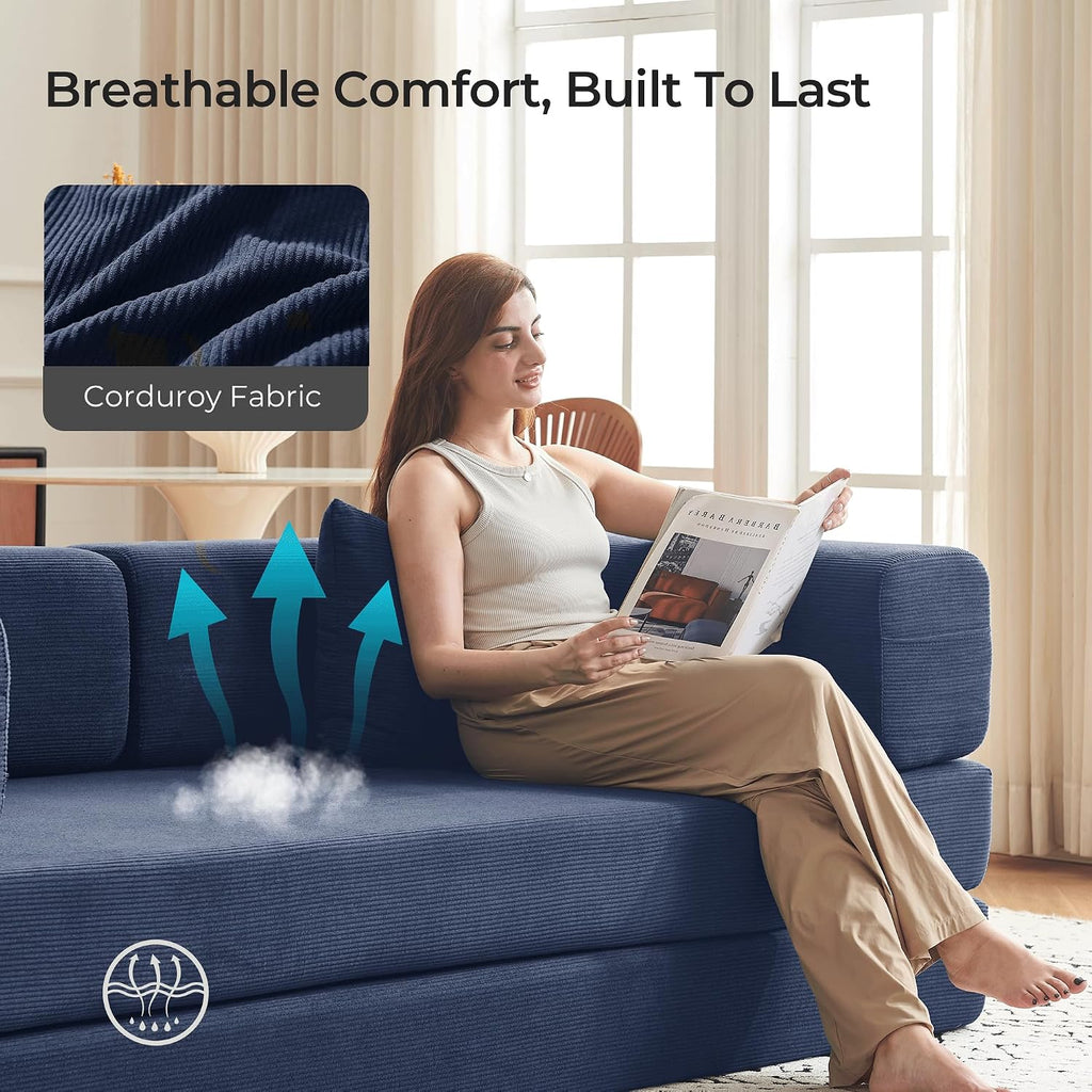 79' Convertible Sofa Bed with Pillows, Corduroy Folding Sleeper Sofa with Fixed-Shape Frame, Boneless Couch for Living Room Bedroom, Floor Sofa Lounge No Assembly Required (A - Style - Blue)