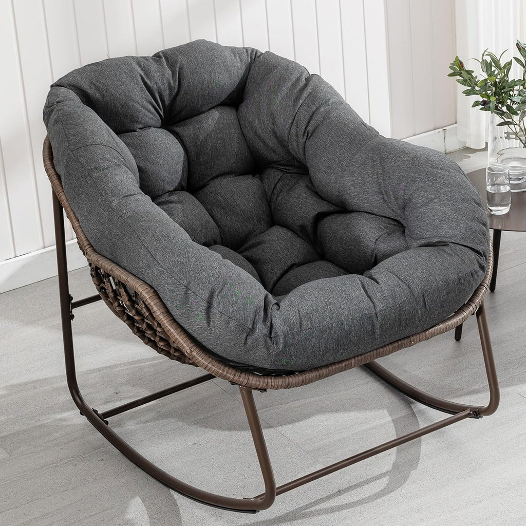 Oversized Papasan Rocking Chair - Outdoor Luxury Comfy Patio Chair Indoor Egg Royal Rattan Rocking Chair with Cushion for Front Porch Lounge Lawn Bedroom Living Room (Grey)