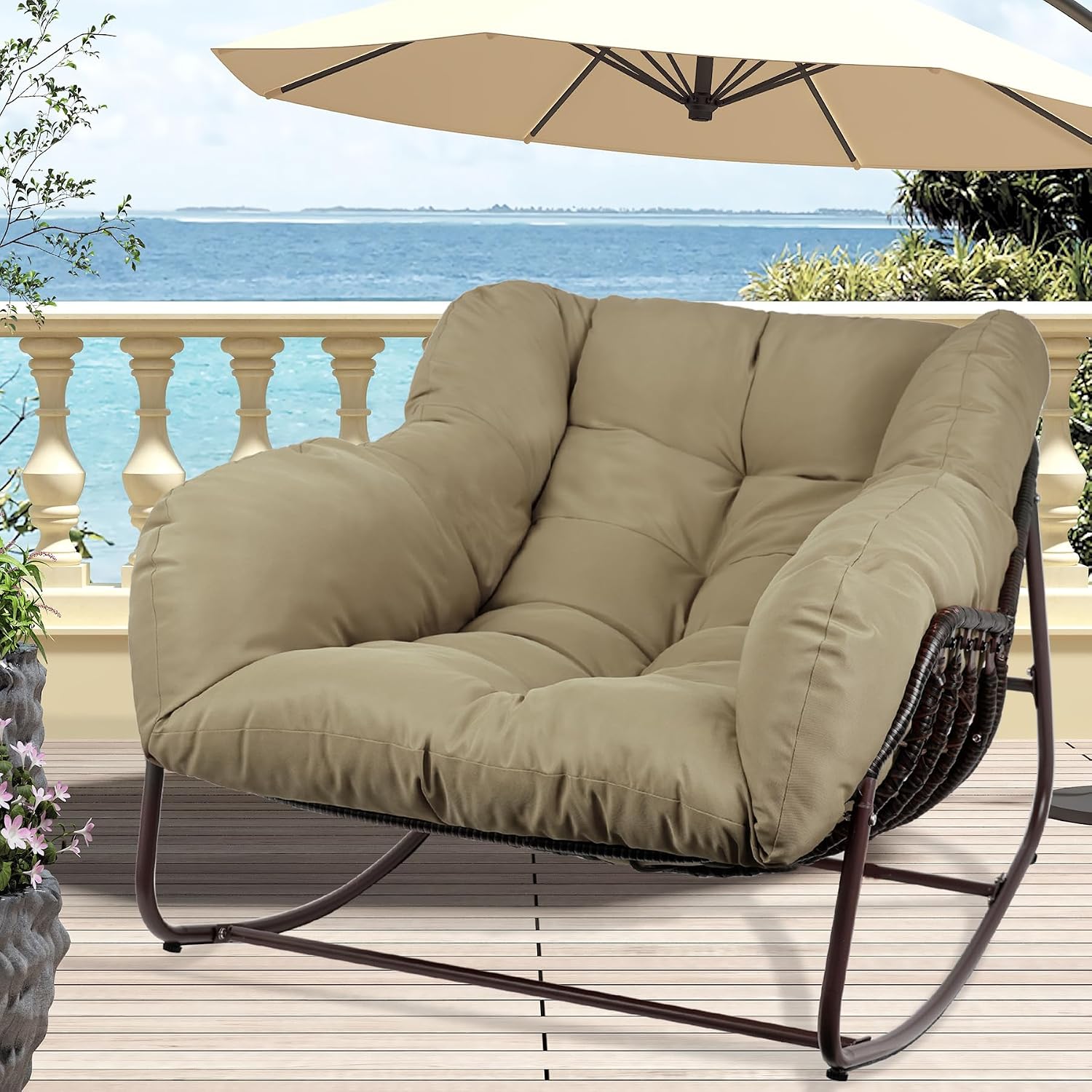 Papasan Rocking Chair Indoor & Outdoor, Oversized Patio Rocking Chairs with Padded Cushion& Pillow-Comfortable Rocker Egg Chair for Front Porch, Garden, Patio, Backyard,Brown,2PC