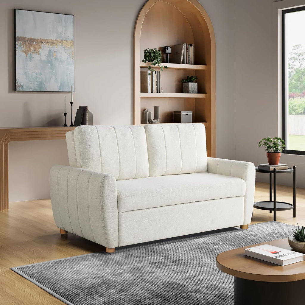 Serta Galway 66.5' Convertible Sleeper Loveseat, Full Size, Dreamcoil Comfort, FingerGuard Pinch Point Protection, Boucle Fabric, Ivory