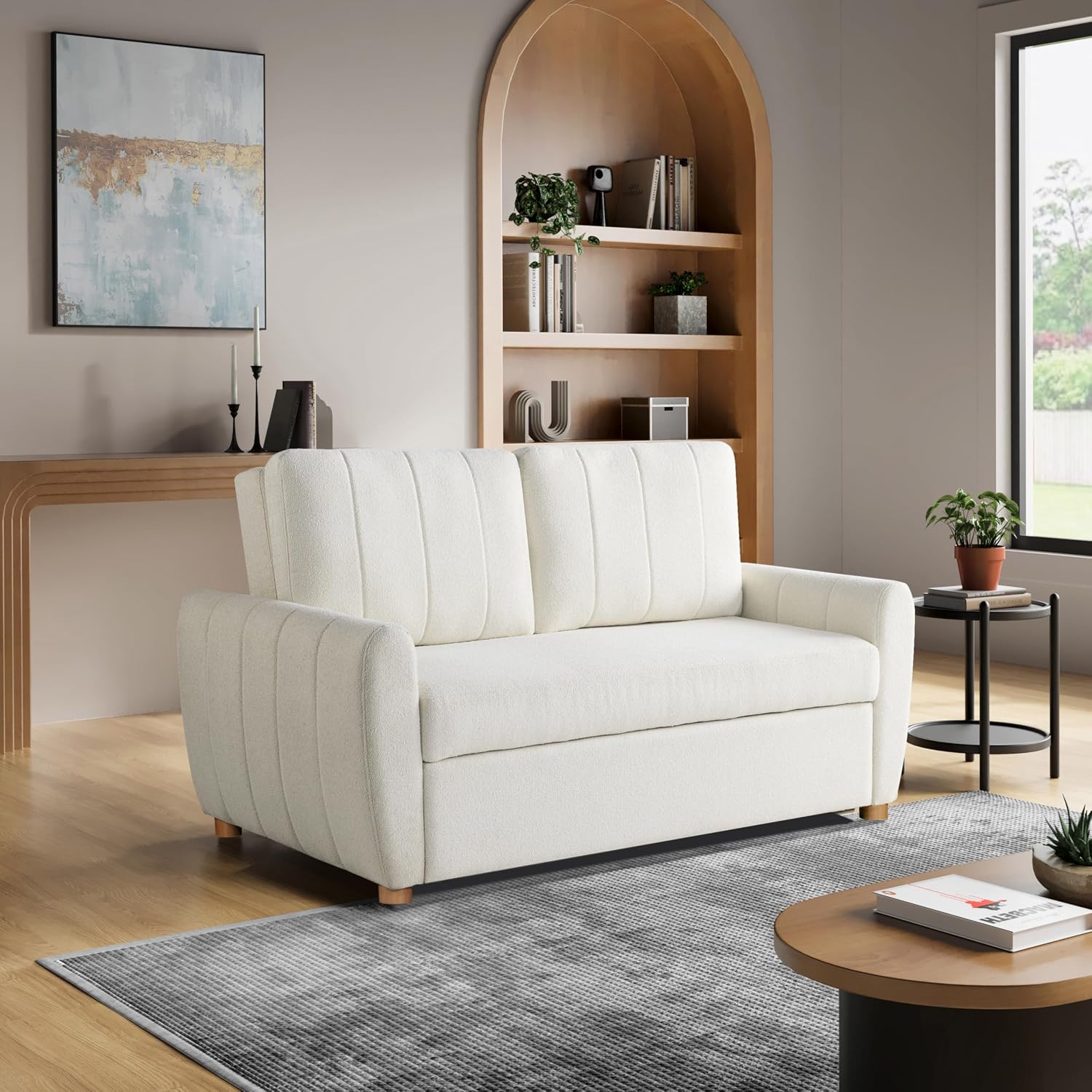 Serta Galway 66.5' Convertible Sleeper Loveseat, Full Size, Dreamcoil Comfort, FingerGuard Pinch Point Protection, Boucle Fabric, Ivory