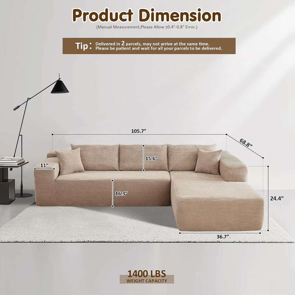 ovios 104' Cloud Boneless Couch with L-Shape Chaise,Modern Sectional Modular Sofa with Deep Seat, Upholstered Couches for Living Room Bedroom,No Assembly Required, Camel (Corduroy Fabric)