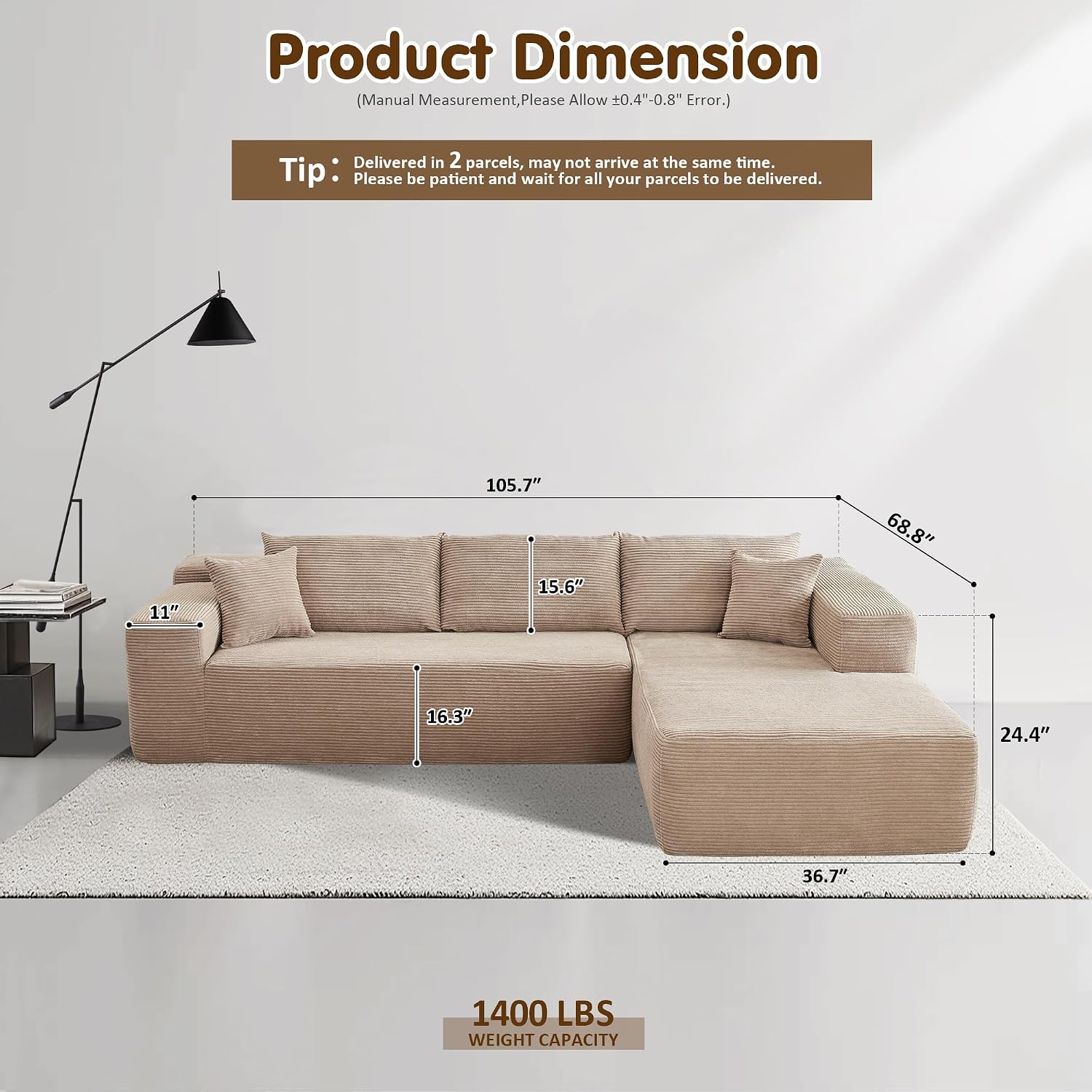 ovios 104' Cloud Boneless Couch with L-Shape Chaise,Modern Sectional Modular Sofa with Deep Seat, Upholstered Couches for Living Room Bedroom,No Assembly Required, Camel (Corduroy Fabric)
