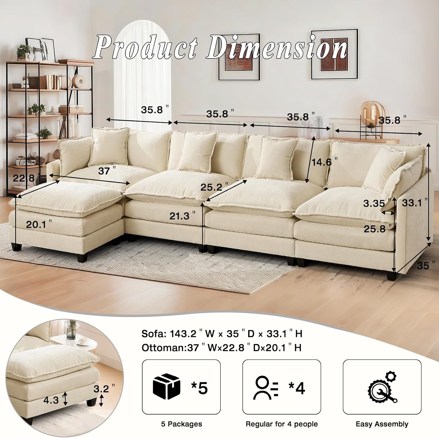 SoarFlash 149.61' Chenille Sectional Sofa, Comfy L Shaped Modular Coush Sofa with Ottoman, Modern 4 Seat Couch Deep Seat Sofa Set for Living Room,Beige