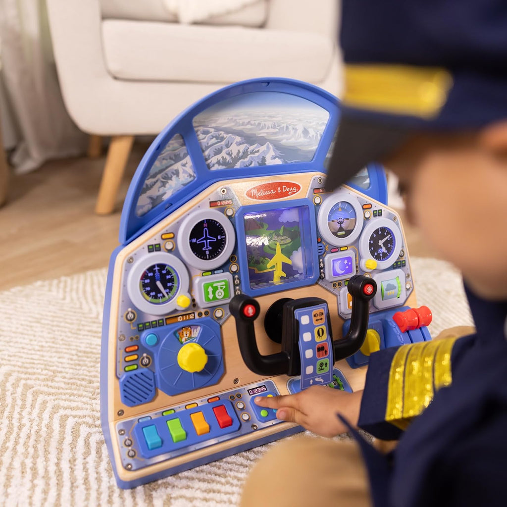 Melissa & Doug Jet Pilot Interactive Dashboard Wooden Toy for Boys and Girls Ages 3+ Cockpit Steering Wheel Pretend to Fly Experience, Fidget Buttons - FSC Certified