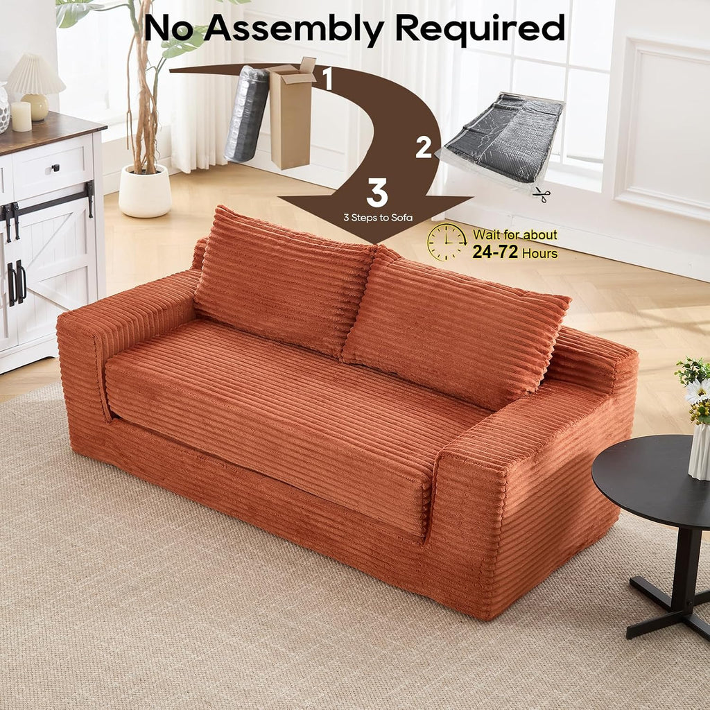 GNIXUU Corduroy Cloud Loveseat Sofa, 2 in 1 Convertible Sleeper Sofa with Fixed-Shape Frame, Comfy Folding Boneless Love Seat Couches for Living Room, Apartment, Small Spaces. Orange