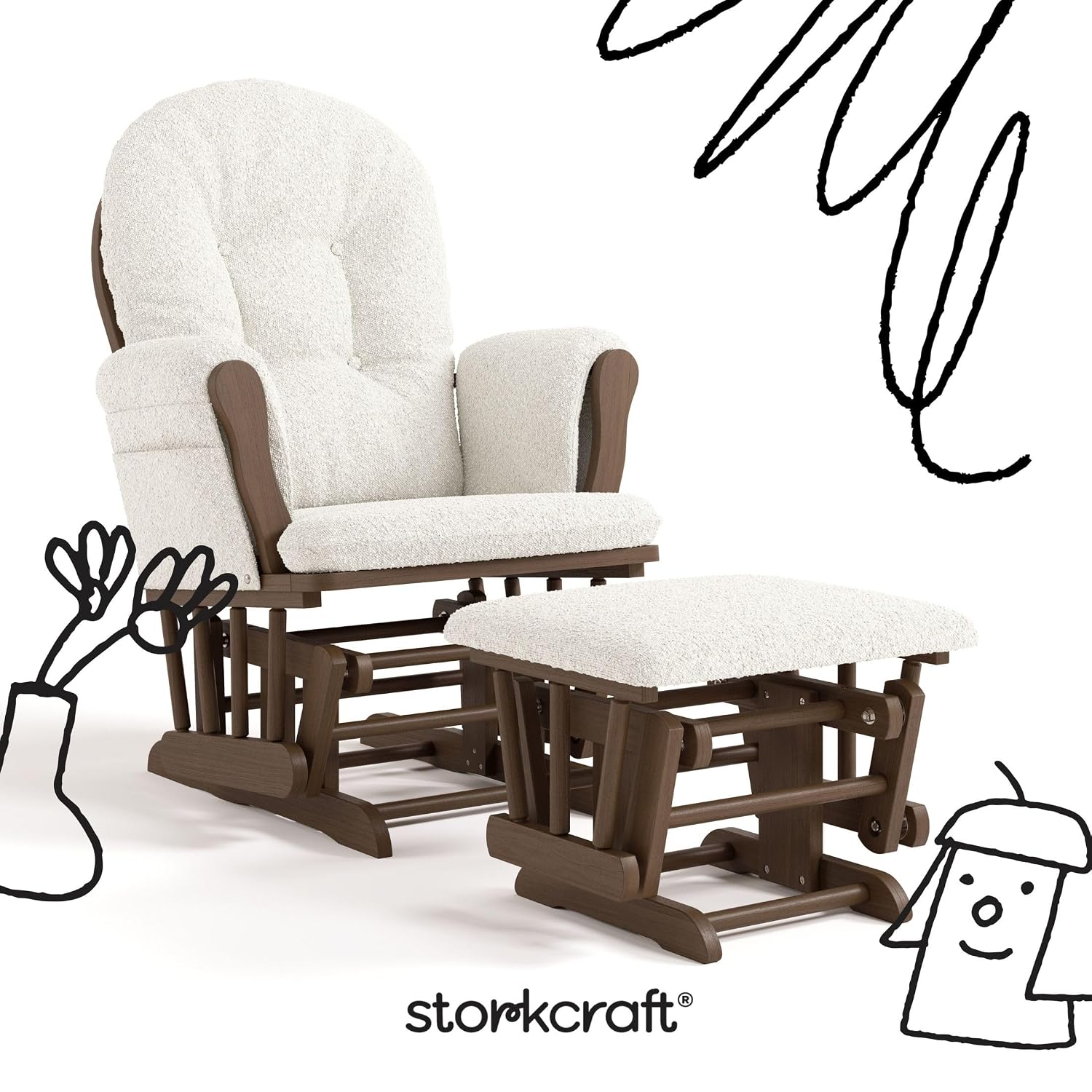 Storkcraft Premium Hoop Glider & Ottoman - GREENGUARD Gold Certified, Solid Wood Craftsmanship, Convenient Storage Pockets, Nursery Rocking Chair, Multi-Award-Winning (Hazelnut and Ivory Boucle)